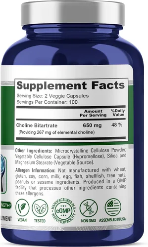 Vista 2 de Bitartrato de colina, vegano, sin OMG, 650 mg, 200 cápsulas - 100 porciones Dietary Supplement Formula, Choline Bitartrate, Suitable for Adults