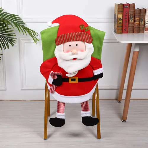 Vista 9 de Juego de 2 fundas para respaldo de silla de Navidad, diseño de Papá Noel, muñeco de nieve, elfo, fundas para sillas de cena de Navidad, fundas
