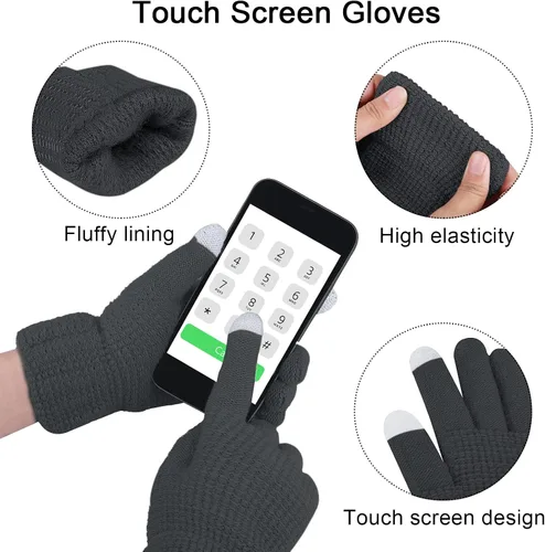 Vista 2 de URATOT Conjuntos de punto cálido de invierno, gorro de punto, bufanda, cubierta facial, guantes para pantalla táctil, para hombres y mujeres