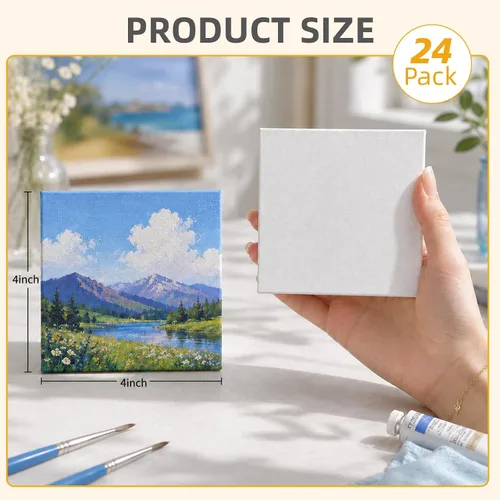 Vista 3 de CONDA Paquete de 24 mini lienzos en blanco de 4 x 4 pulgadas para pintar, lienzo 100% algodón con marco de madera de pino, mini lienzo cuadrado