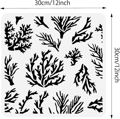 Vista 2 de BENECREAT Plantilla de coral, plantillas de plástico reutilizables de 12 x 12 pulgadas, patrón de plantas marinas, plantilla de pintura para diario
