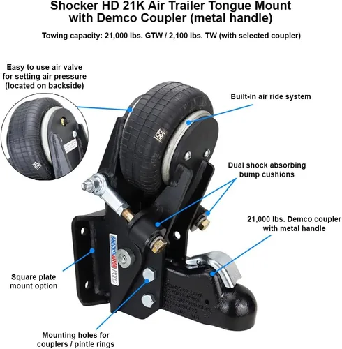 Vista 7 de Shocker - Soporte de lengua de remolque de aire HD de 21 K y acoplador Demco para bola de 2-5/16 pulgadas, montaje de placa plana de 4 pernos
