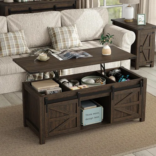Vista 11 de Furnihold Mesa auxiliar de 47.3 pulgadas con almacenamiento, mesa de centro de madera de granja con parte superior elevable, puertas corredizas