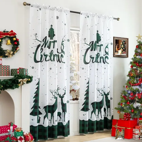 Vista 2 de Cortinas navideñas para sala de estar, cortina de ciervo de Navidad a rayas tartán, bolsillo para barra, cortinas decorativas para dormitorio
