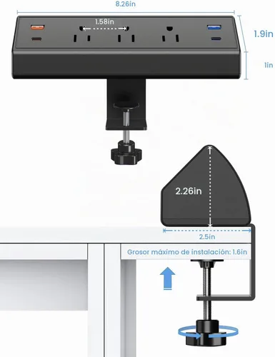 Vista 7 de Regleta de alimentación con abrazadera de escritorio con USB C, estación de carga rápida de 65 W para iPhone 14 Pro Max, iPad, MacBook Air, fuente
