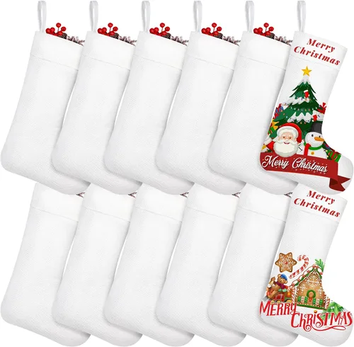 Vista 8 de Aodaer 12 Piezas de Medias de Navidad Lisas de Sublimación en Yute, Medias Colgantes para Árbol, Chimenea, DIY, Impresión por Transferencia de Calor