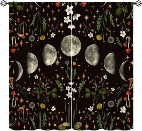 Vista 10 de Cortinas retro de luna, bosque mágico con hojas iluminadas por la luna, cortinas de plantas, diseño gótico floral de cielo estrellado para ventana