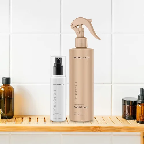Vista 5 de MOEHAIR DUO Pack de suero para el cabello y acondicionador sin enjuague Desenreda y elimina el encrespamiento Suaviza y añade brillo Hidrata