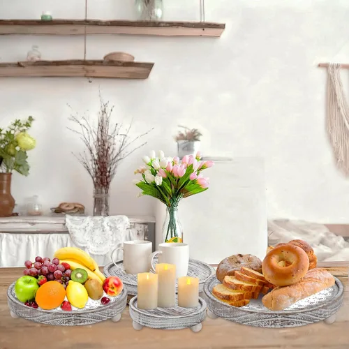 Vista 5 de Juego de 4 portavelas de madera, bandeja elevadora para velas de madera, soporte para velas de té, mesa de café de granja, bandeja decorativa