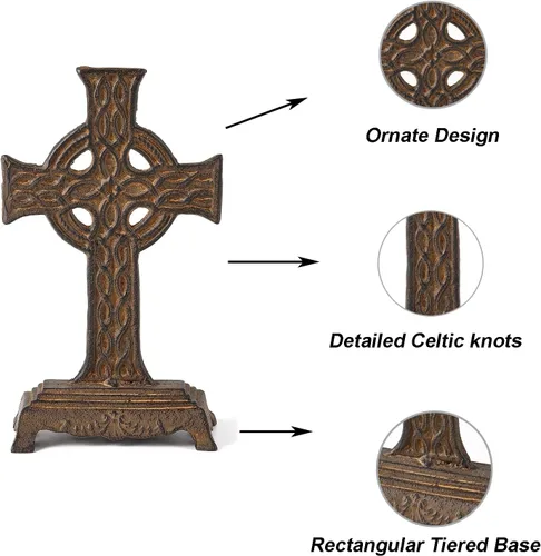 Vista 2 de Cruz celta de metal de 12 pulgadas de alto con base gruesa, hierro oxidado envejecido, decoración de mesa cruzada para el hogar, oficina, regalo