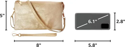 Vista 3 de Humble Chic bolsa pequeña de piel vegana, para usar cruzada o cartera con ajuste de pulsera, incluye hombro ajustable y correa para muñeca. Oro