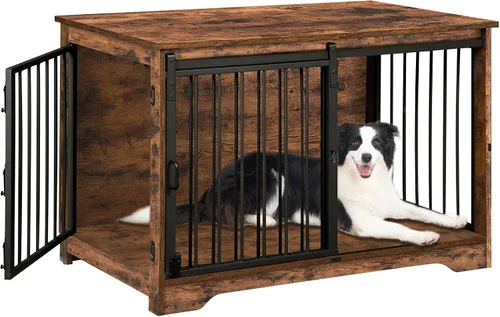 Vista 10 de Hzuaneri Mueble de jaula para perros de 27.2 pulgadas con puerta de granero, perrera resistente para interiores con 2 puertas, mesa auxiliar jaula