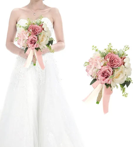 Vista 16 de Ramos de novia bohemios para boda, ramos de 9 pulgadas de flores artificiales para decoraciones de centro de mesa de ceremonia y aniversario, rosas