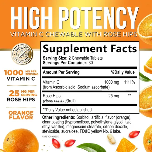 Vista 2 de Vitamina C 1000 mg por porción – Apoyo inmunológico diario extra fuerte con suplemento masticable de escaramujos – Sabor sabroso sin azúcar