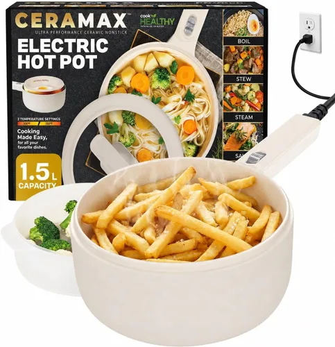 Vista 10 de Ceramax PRO Olla Eléctrica Caliente con Tapa y Vaporera, Sartén de Cocina de Cerámica No Tóxica de 1.5L para Ramen, Huevos, Pasta, Portátil