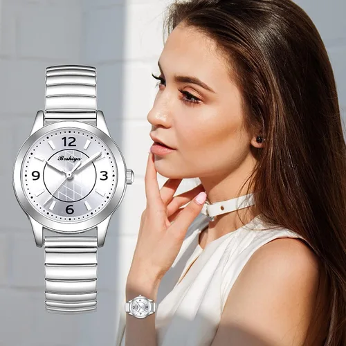 Vista 5 de BOSHIYA Relojes para mujer Easy Reader de 1.181 in de acero inoxidable con banda de expansión plateada dorada para mujer, reloj de pulsera pequeño