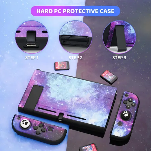Vista 6 de Funda de transporte para Nintendo Switch, funda de almacenamiento portátil de viaje estrellada morada con funda protectora de TPU suave, protector