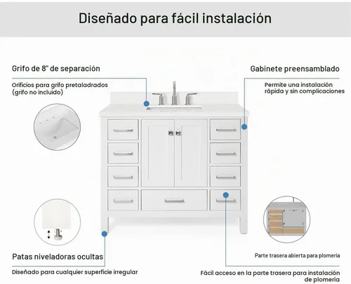Vista 7 de ARIEL Cambridge - Mueble de baño de 42 pulgadas con fregadero, madera maciza, encimera y protector contra salpicaduras de cuarzo blanco puro de 1.5