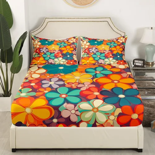 Vista 4 de Erosebridal Groovy Flower Sábanas de Cama Fiesta de los 70s Juegos de Sábanas Tamaño Individual Sábanas Florales Arcoíris Juegos de Sábanas y Fundas