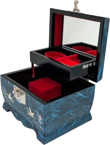Vista 7 de Fun-Store Caja de madera con incrustaciones de nácar con incrustaciones de nácar, caja de madera, diseño de árbol de grúa, espejo, recuerdo, tesoro