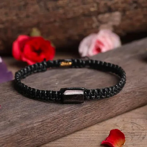 Vista 3 de Pulsera de cuerda negra ajustable hecha a mano con piedra natural, turmalina negra, regalos para hombres y mujeres, Nailon, turmalina negra