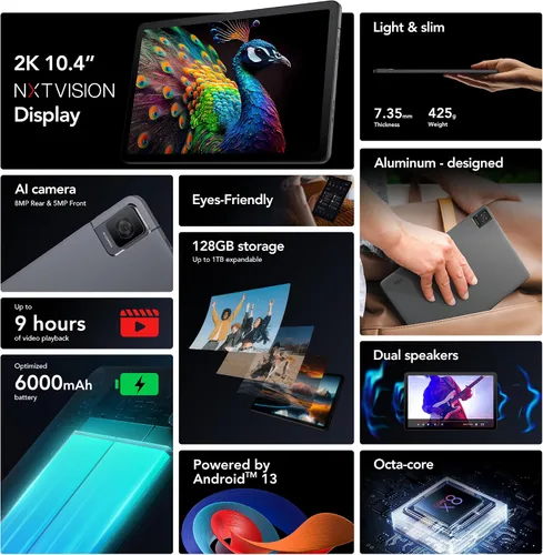 Vista 8 de TCL TAB 10 Gen 2, tableta Android Wi-Fi de 10.4 pulgadas, 128 GB, pantalla Full HD 2K, batería de 6000 mAh, Android 13, diseño delgado, versión