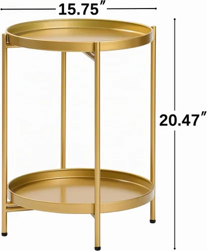 Vista 3 de Mesa auxiliar redonda de 2 niveles, pequeña mesa auxiliar de metal con bandeja extraíble, mesas de acento plegables para sala de estar, balcón
