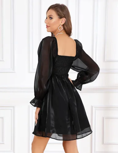 Vista 4 de KOJOOIN Vestido midi de malla para mujer, manga abombada, cuello cuadrado