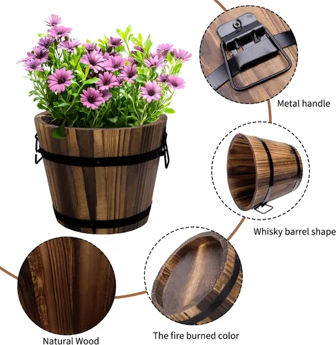 Vista 7 de Adnee Paquete de 4 Macetas de Barril de Whisky de Madera - Juego de Macetas de Jardín de Barril de Cubo de Madera de 4 Tamaños - Macetas Rústicas