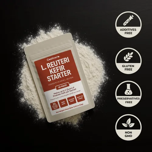 Vista 3 de Coolinario L Reuteri Kefir Starter (paquete de 10, bolsitas de 0.05 onzas) Cultivos vivos Kit de inicio de kéfir casero con Lactobacillus Reuteri