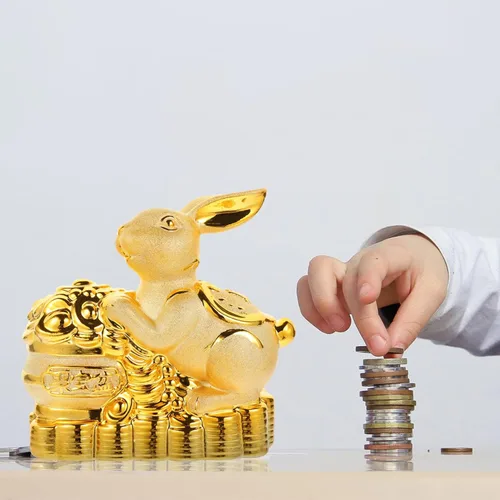 Vista 4 de Estatua de conejo de cerámica Feng Shui Estatua de conejo para riqueza 2023 Año Nuevo chino Zodiaco Recuerdo Animales Banco Moneda Conejito Caja