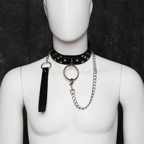 Vista 6 de chenyesun Gargantilla de cuello con correa, piel sintética ajustable gargantilla, anillo tórico punk cuello collar collar collar collar remache