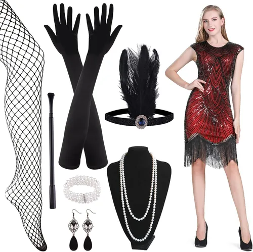 Vista 2 de PLULON 1920s Sequin Beaded Fringed Flapper Dress with 20s Accessories Set