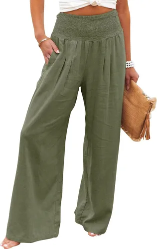 Vista 2 de SHAOBGE Pantalones palazzo de verano para mujer, cintura alta, pierna ancha, casual, cintura elástica, pantalones de playa con bolsillos