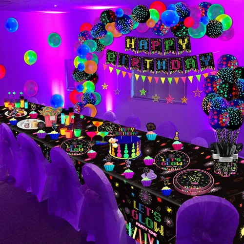 Vista 5 de 238 piezas de suministros de fiesta de neón que brillan en la oscuridad, decoraciones de fiesta de luz negra, juego de vajilla para fiesta, platos