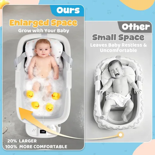 Vista 2 de Orzbow Bañera plegable para bebé, bañera grande para recién nacido con cojín suave y termómetro, bañeras portátiles de viaje para bebés a niños