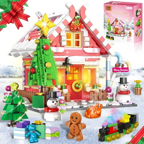 Vista 8 de Edificio de casa de pan de jengibre de Navidad, juego de construcción de casa de pueblo navideño, contiene árbol de Navidad y tren, juguete