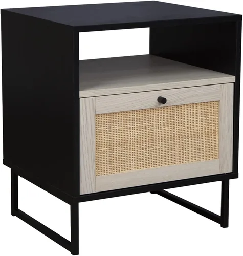 Vista 8 de Nathan James Mina Mesa auxiliar lateral de acento de madera de ratán con almacenamiento para sala de estar o dormitorio, 1, roble negro/negro