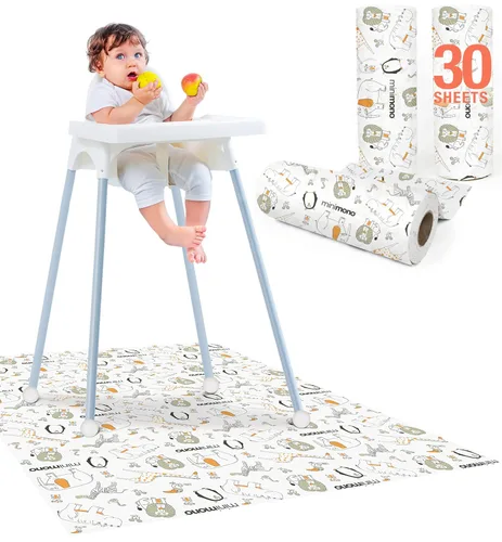 Vista 13 de Minimono Tapete de salpicaduras para bebé debajo de la silla alta – 30 alfombrillas desechables e impermeables – 40 x 47 pulgadas tapete