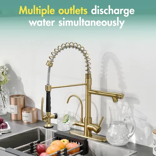 Vista 6 de Fapully Grifo de cocina comercial de oro cepillado con rociador desplegable