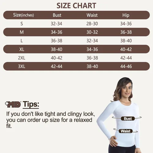 Vista 7 de +MD Camisetas de bambú para mujer para cintura y busto de manga larga, ropa interior térmica con cuello redondo