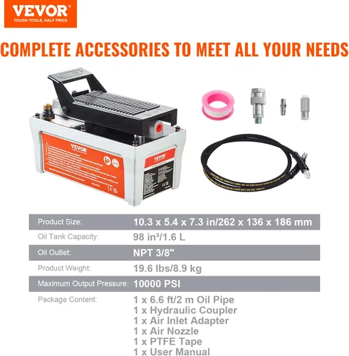 Vista 7 de VEVOR Bomba hidráulica de aire, depósito de 10,000 PSI de 1/2 galones, salida de aceite NPT de 3/8 pulgadas, entrada NPT de 1/4 pulgadas, tubo