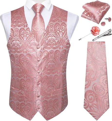 Vista 15 de DiBanGu Juego de chaleco y corbata para hombre, chaleco formal de cachemira y corbata con bolsillo cuadrado y gemelos, de seda, para traje o Verde