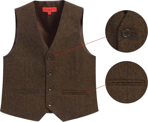 Vista 3 de Gioberti Chaleco de traje formal a cuadros Tweed para niño 63 - Gráfico Marrón
