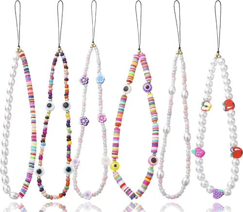 Vista 12 de 6 dijes con cuentas para teléfono, correas con cuentas de frutas, estrellas, perlas falsas y arcoíris, cadenas de teléfono con cuentas para cámara