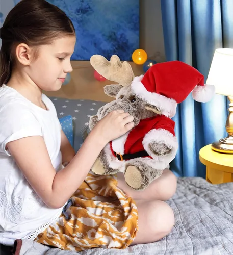 Vista 7 de DolliBu Peluche de alce de Papá Noel, disfraz de animal salvaje súper suave con traje de Papá Noel rojo, lindo regalo de vida silvestre, vacaciones