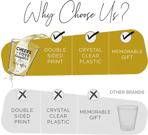 Vista 4 de Vasos de chupito de boda – Cheers to Love Laughter and Happily Ever After Vasos de chupito a granel paquete de 100 – 2 onzas desechables regalos