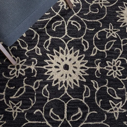 Vista 8 de SAFAVIEH Jardin Collection Alfombra de pasillo, 2 pies 3 pulgadas x 9 pies, negro y marfil, lana floral hecha a mano, ideal para zonas de alto