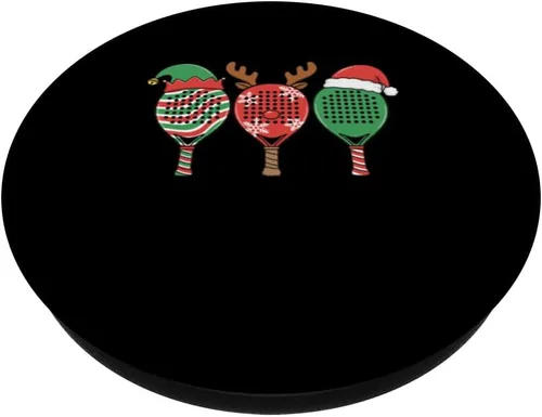 Vista 2 de Linda raqueta de pádel de Navidad, trío de elfos, renos, Papá Noel, PopSockets Adhesivo PopGrip