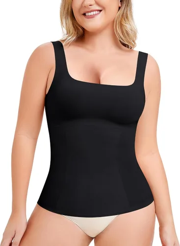 Vista 2 de LODAY Camisetas sin mangas de compresión para mujer, moldeadoras, control de abdomen, cuello cuadrado, camisola